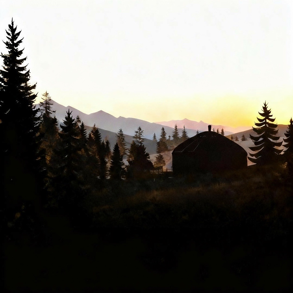 Tall firs and a yurt in silhouette against a sunset sky, with mountains behind